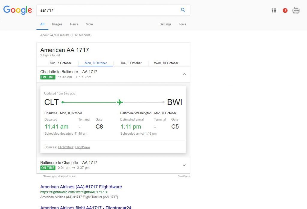 google search for flight times