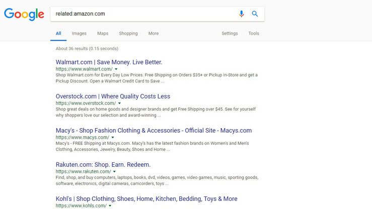 Search for related websites in google