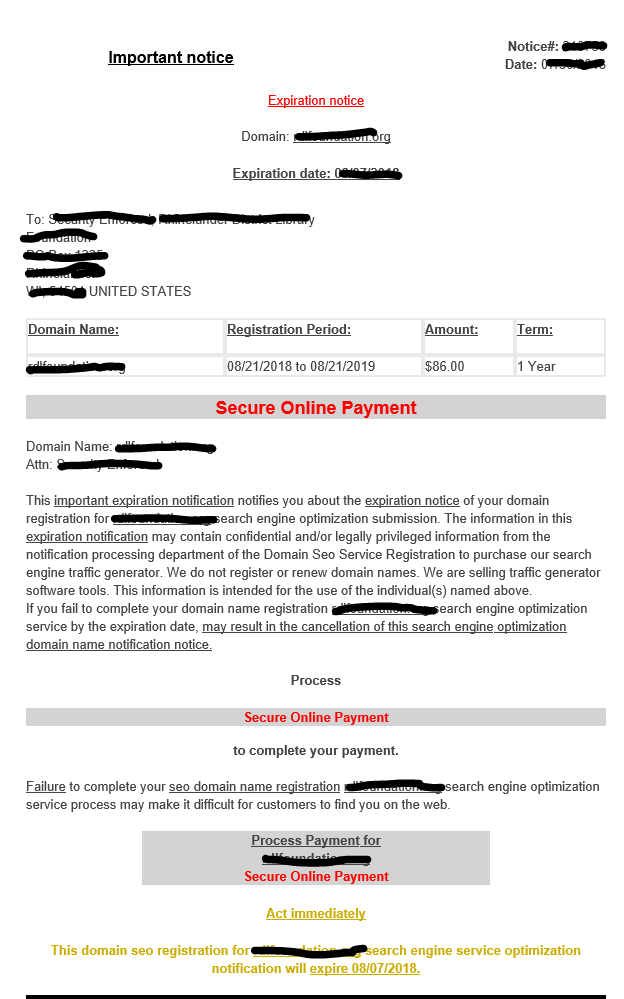 Important Notice Expiration Notice For Your Domain Scam