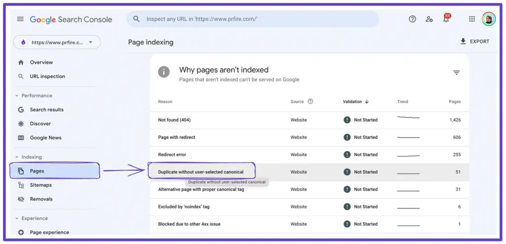 How to find duplicate without user selected canonical in google search console